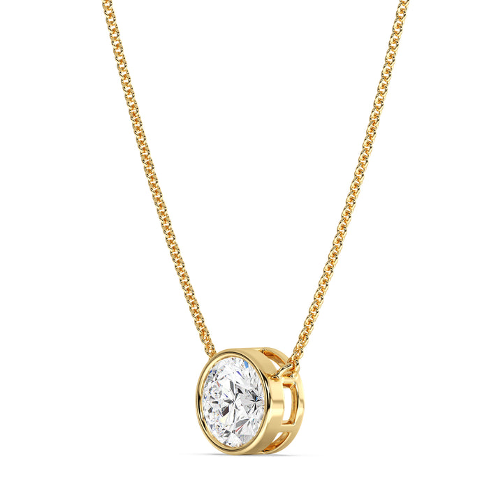2 Carat Bezel-Set Round Lab-Grown Diamond Solitaire Pendant Necklace in 18K Yellow Gold. IGI-certified diamond with radiant brilliance and sleek bezel setting, paired with a matching yellow gold chain