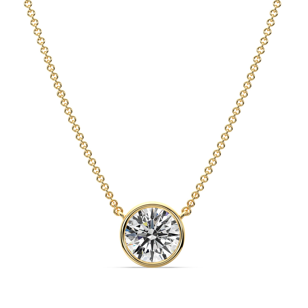 2 Carat Bezel-Set Round Lab-Grown Diamond Solitaire Pendant Necklace in 18K Yellow Gold. IGI-certified diamond with radiant brilliance and sleek bezel setting, paired with a matching yellow gold chain