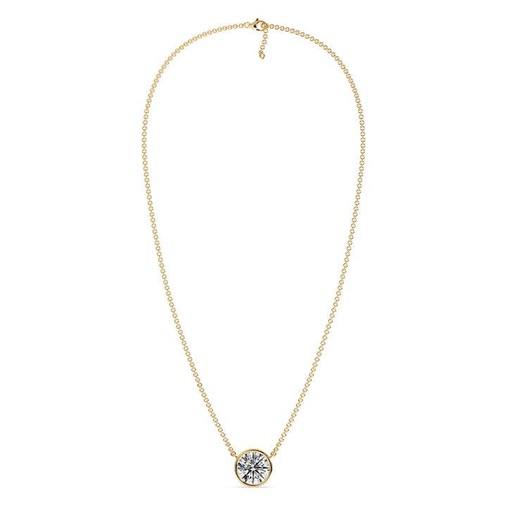 2 Carat Bezel-Set Round Lab-Grown Diamond Solitaire Pendant Necklace in 18K Yellow Gold. IGI-certified diamond with radiant brilliance and sleek bezel setting, paired with a matching yellow gold chain