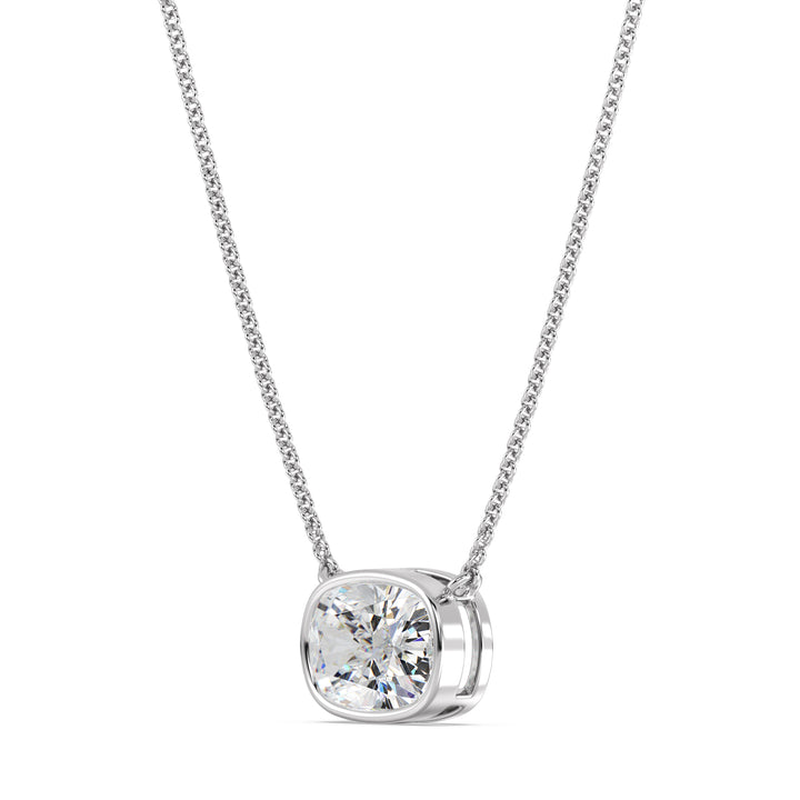 An elegant 2 Carat Cushion-Cut Lab-Grown Diamond Bezel-Set Solitaire Pendant Necklace in 18K White Gold. The modern and sleek white metal setting accentuates the brilliance of the IGI-certified diamond, offering a refined and contemporary look.