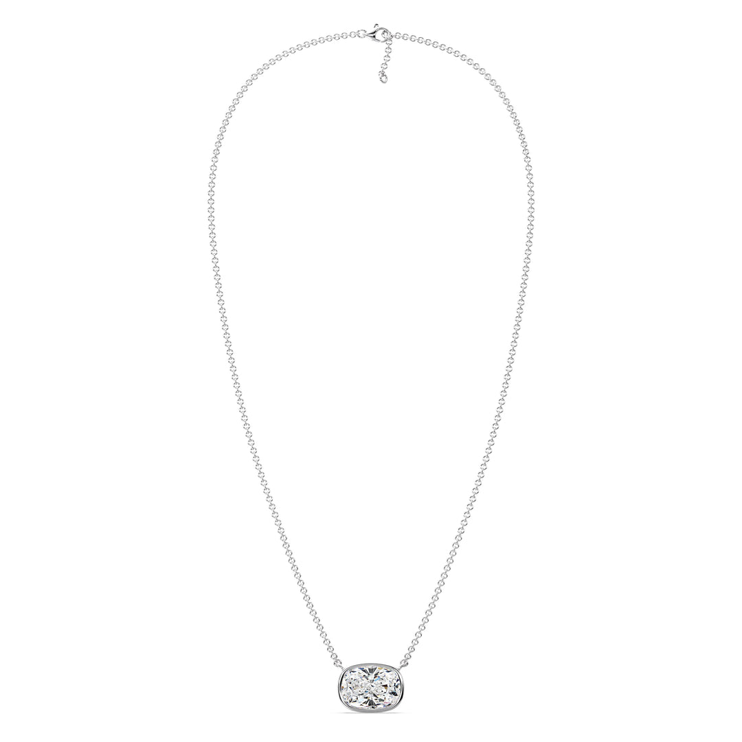 An elegant 2 Carat Cushion-Cut Lab-Grown Diamond Bezel-Set Solitaire Pendant Necklace in 18K White Gold. The modern and sleek white metal setting accentuates the brilliance of the IGI-certified diamond, offering a refined and contemporary look.