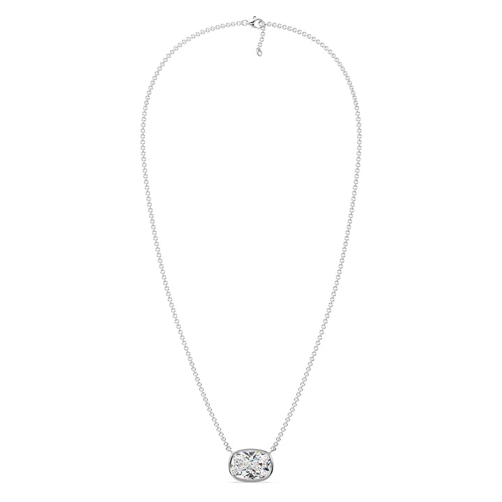An elegant 2 Carat Cushion-Cut Lab-Grown Diamond Bezel-Set Solitaire Pendant Necklace in 18K White Gold. The modern and sleek white metal setting accentuates the brilliance of the IGI-certified diamond, offering a refined and contemporary look.