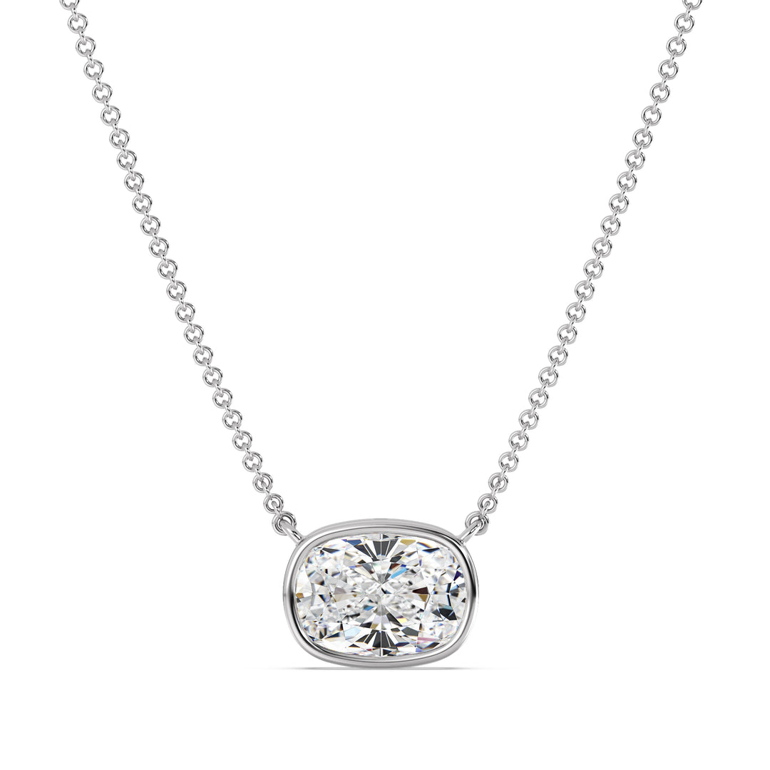An elegant 2 Carat Cushion-Cut Lab-Grown Diamond Bezel-Set Solitaire Pendant Necklace in 18K White Gold. The modern and sleek white metal setting accentuates the brilliance of the IGI-certified diamond, offering a refined and contemporary look.