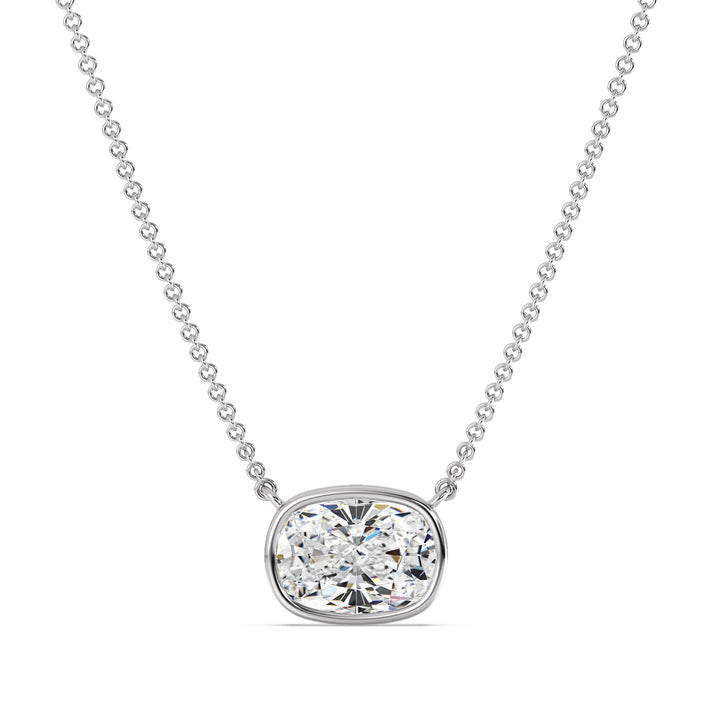 An elegant 2 Carat Cushion-Cut Lab-Grown Diamond Bezel-Set Solitaire Pendant Necklace in 18K White Gold. The modern and sleek white metal setting accentuates the brilliance of the IGI-certified diamond, offering a refined and contemporary look.