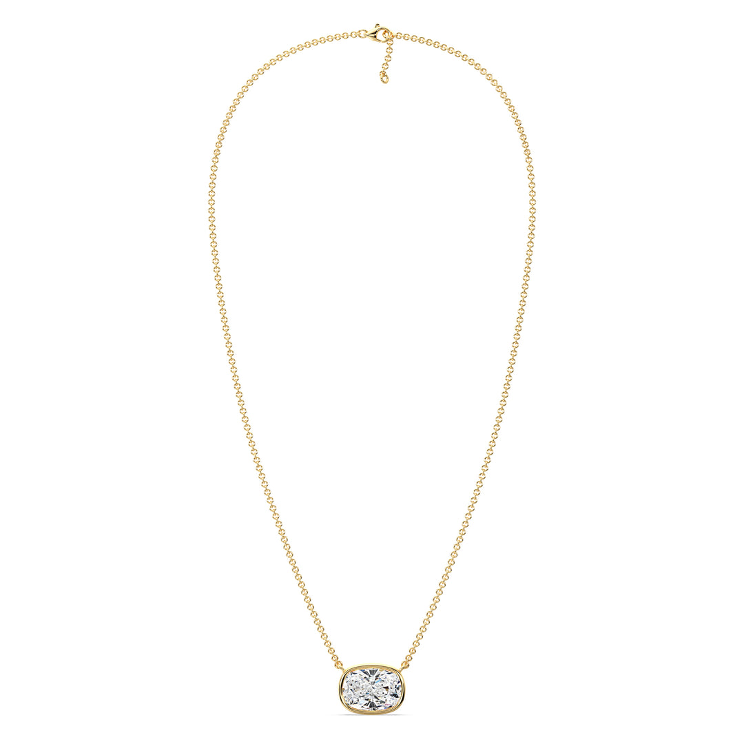 A stunning 2 Carat Cushion-Cut Lab-Grown Diamond Bezel-Set Solitaire Pendant Necklace in 18K Yellow Gold. The warm golden hue complements the brilliance of the IGI-certified diamond with E color grade and VS clarity, creating a timeless and elegant design.