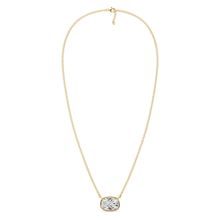 A stunning 2 Carat Cushion-Cut Lab-Grown Diamond Bezel-Set Solitaire Pendant Necklace in 18K Yellow Gold. The warm golden hue complements the brilliance of the IGI-certified diamond with E color grade and VS clarity, creating a timeless and elegant design.