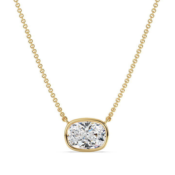 A stunning 2 Carat Cushion-Cut Lab-Grown Diamond Bezel-Set Solitaire Pendant Necklace in 18K Yellow Gold. The warm golden hue complements the brilliance of the IGI-certified diamond with E color grade and VS clarity, creating a timeless and elegant design.