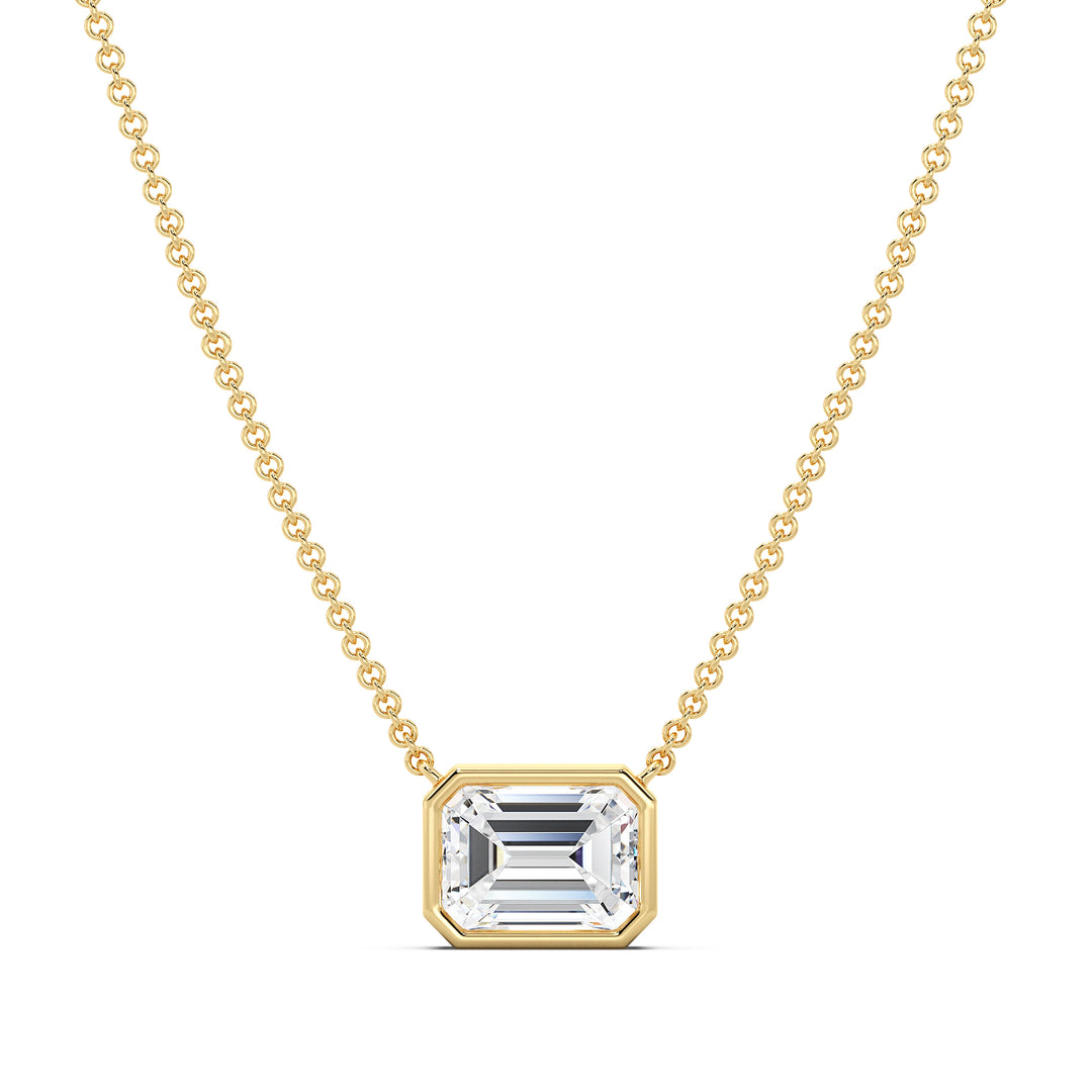 2.00ct Emerald-Cut Lab-Grown Diamond Solitaire Pendant Necklace in 18K Yellow Gold, featuring a bezel setting and a classic gold chain.