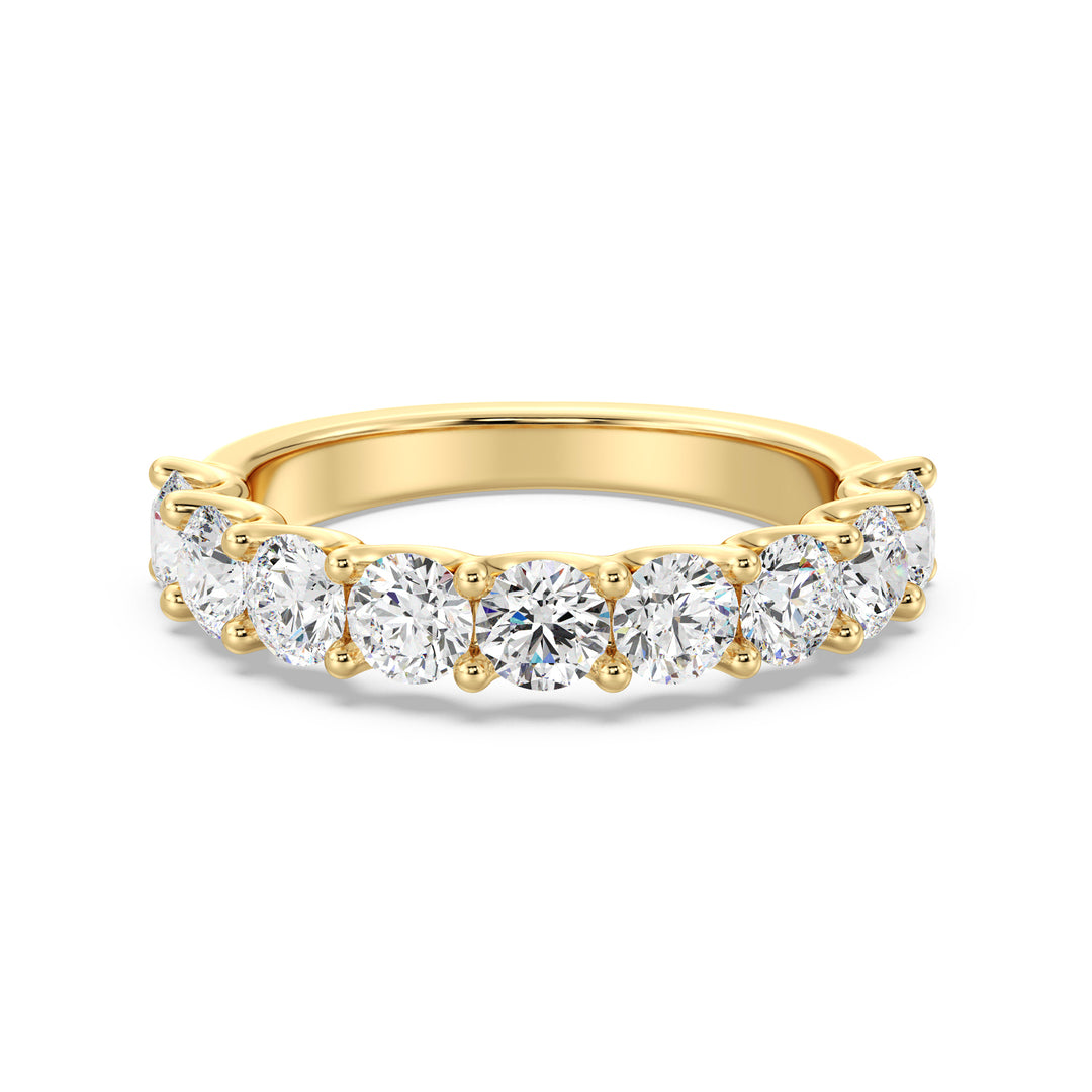 9-Stone Elegant Round-Cut Lab-Grown Diamond Scallop Half-Eternity Wedding Ring in 18K Yellow Gold, featuring dazzling EF color VS clarity diamonds in a sleek shared prong scalloped band