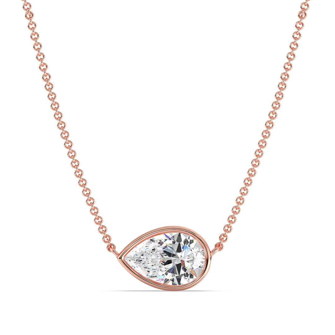 2 Carat Pear-Cut Lab-Grown Diamond Bezel-Set Solitaire Pendant Necklace in 18K Rose Gold featuring a warm, elegant finish and a sparkling teardrop-shaped diamond