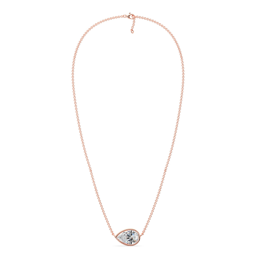 2 Carat Pear-Cut Lab-Grown Diamond Bezel-Set Solitaire Pendant Necklace in 18K Rose Gold featuring a warm, elegant finish and a sparkling teardrop-shaped diamond