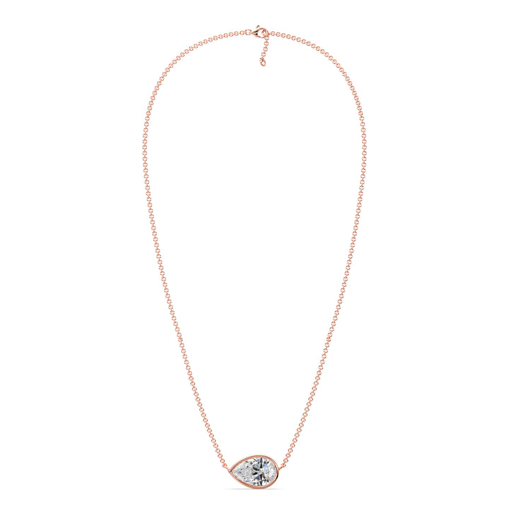 2 Carat Pear-Cut Lab-Grown Diamond Bezel-Set Solitaire Pendant Necklace in 18K Rose Gold featuring a warm, elegant finish and a sparkling teardrop-shaped diamond