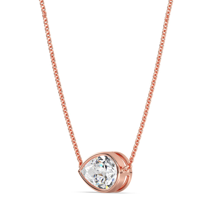 2 Carat Pear-Cut Lab-Grown Diamond Bezel-Set Solitaire Pendant Necklace in 18K Rose Gold featuring a warm, elegant finish and a sparkling teardrop-shaped diamond