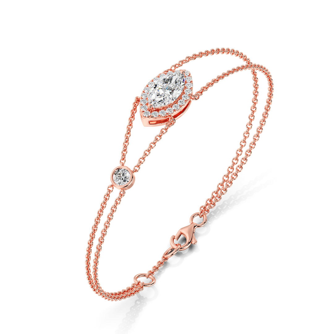 Halo-Set Marquise-Cut Diamond Solid Gold Chain Bracelet