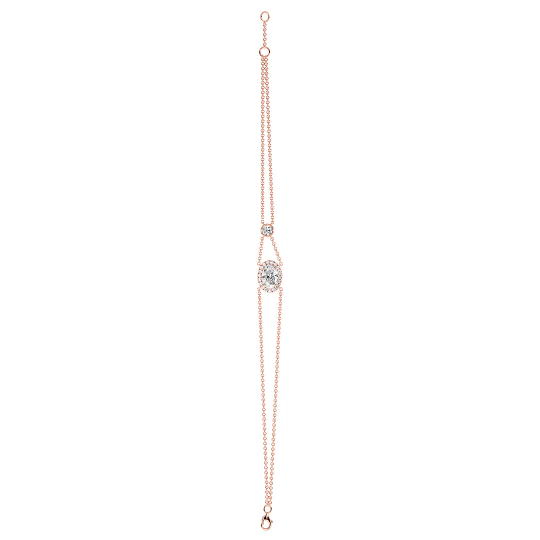 Double Chain 18K Rose Gold Bracelet featuring a 1ct Oval-Cut Lab-Grown Diamond in a halo setting, surrounded by 20 Round-Cut EF/VS Lab-Grown Diamonds for a warm, romantic elegance