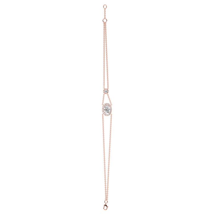 Double Chain 18K Rose Gold Bracelet featuring a 1ct Oval-Cut Lab-Grown Diamond in a halo setting, surrounded by 20 Round-Cut EF/VS Lab-Grown Diamonds for a warm, romantic elegance
