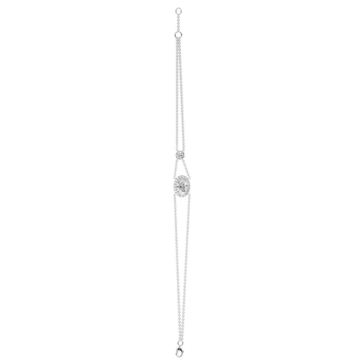 Double Chain 18K White Gold Bracelet with a 1ct Oval-Cut Lab-Grown Diamond in a halo setting, accented by 20 Round-Cut EF/VS Lab-Grown Diamonds for a sleek and timeless design.