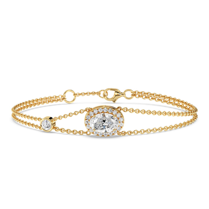 Double Chain 18K Yellow Gold Bracelet with a 1ct Oval-Cut Lab-Grown Diamond in a halo setting, accented by 20 Round-Cut EF/VS Lab-Grown Diamonds for a dazzling look