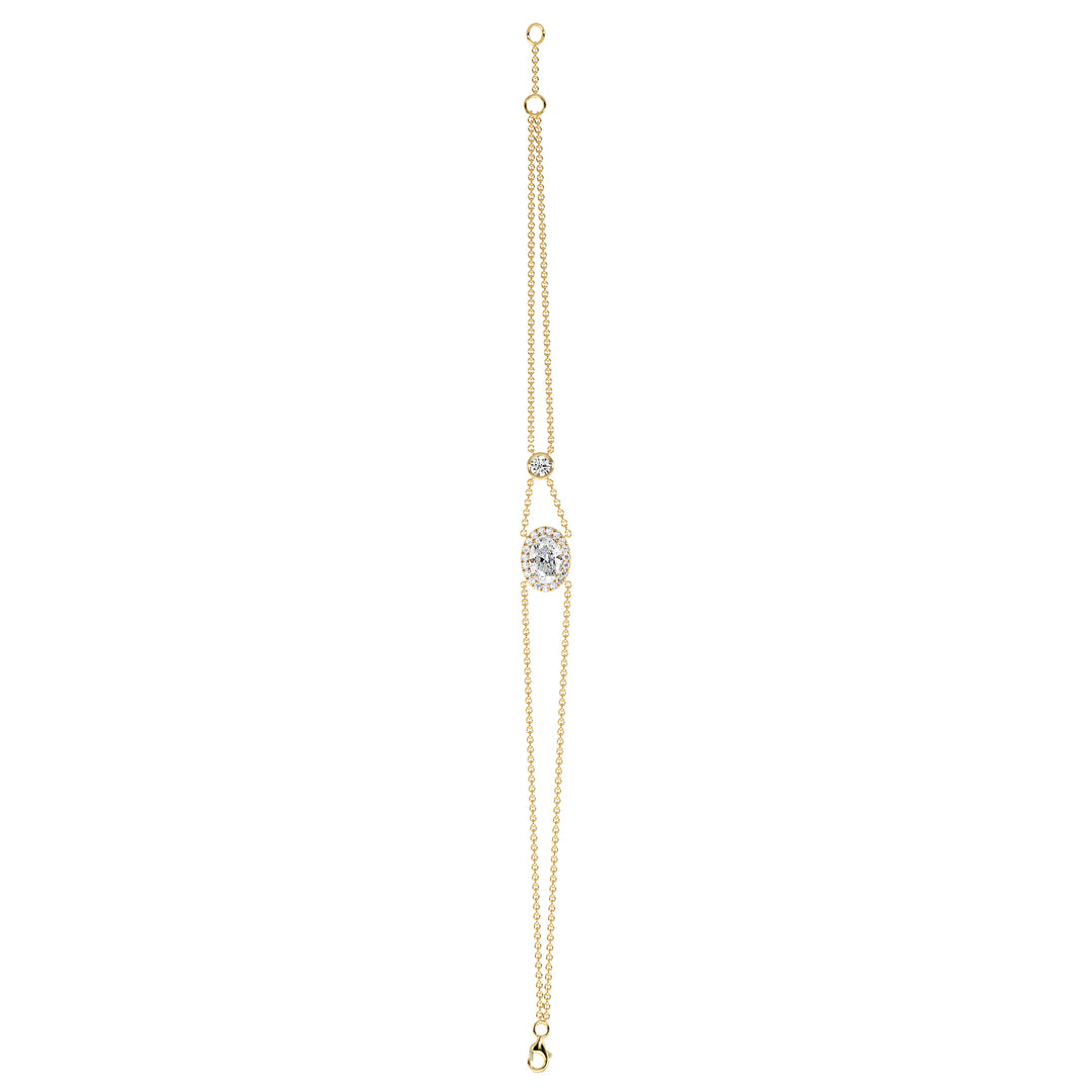 Double Chain 18K Yellow Gold Bracelet with a 1ct Oval-Cut Lab-Grown Diamond in a halo setting, accented by 20 Round-Cut EF/VS Lab-Grown Diamonds for a dazzling look