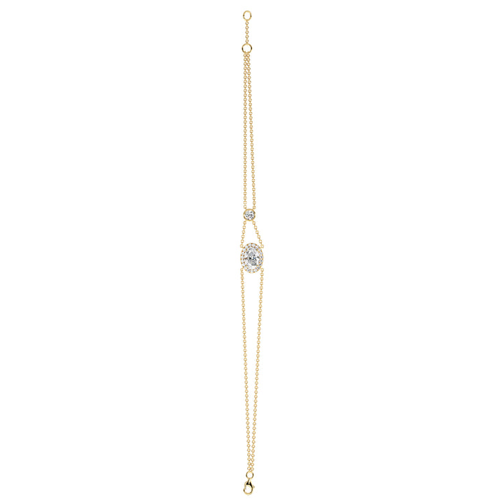 Double Chain 18K Yellow Gold Bracelet with a 1ct Oval-Cut Lab-Grown Diamond in a halo setting, accented by 20 Round-Cut EF/VS Lab-Grown Diamonds for a dazzling look