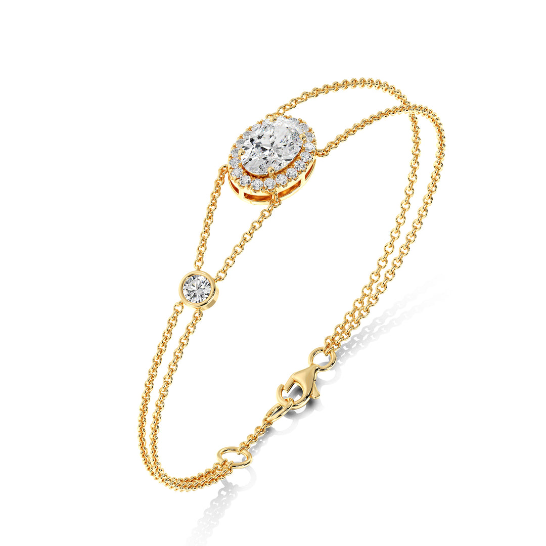 Double Chain 18K Yellow Gold Bracelet with a 1ct Oval-Cut Lab-Grown Diamond in a halo setting, accented by 20 Round-Cut EF/VS Lab-Grown Diamonds for a dazzling look