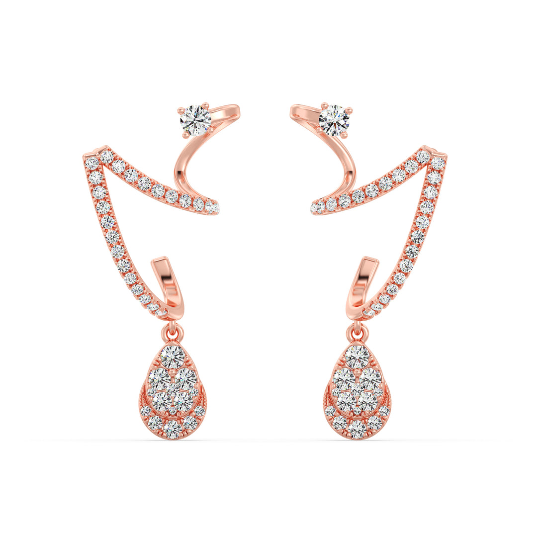 Refined rose gold drop earrings adorned with 76 lab-grown round-cut diamonds, beautifully arranged for brilliance, made with 18K gold for a modern and elegant touch