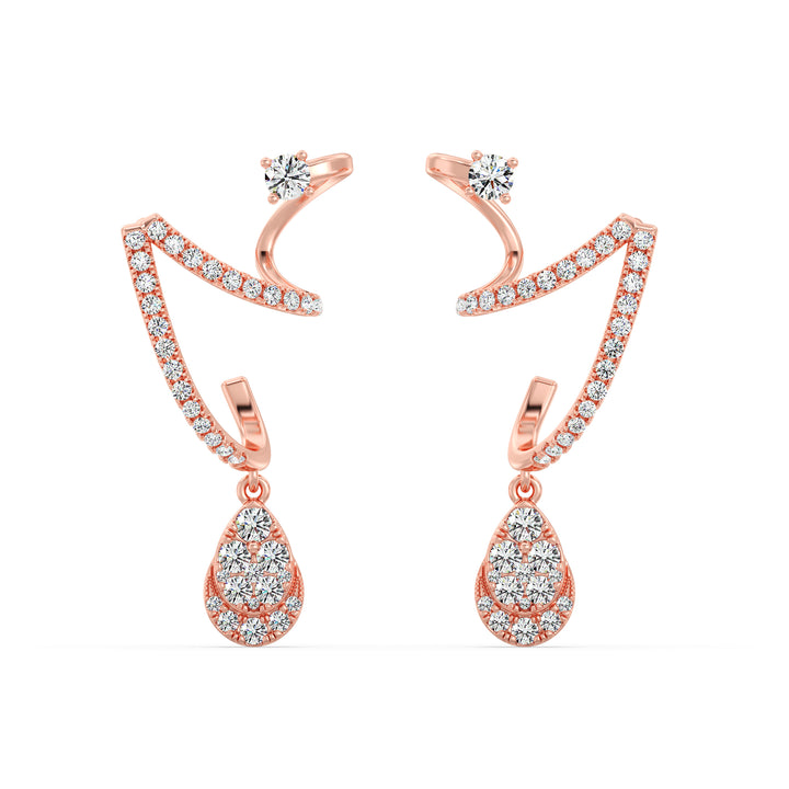 Refined rose gold drop earrings adorned with 76 lab-grown round-cut diamonds, beautifully arranged for brilliance, made with 18K gold for a modern and elegant touch