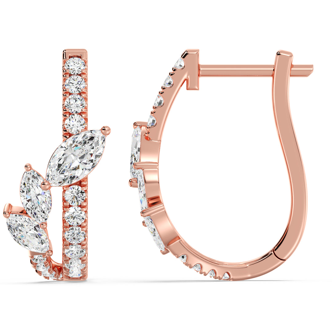 Elegant 18K Rose Gold Twist Hoop Earrings featuring a stunning blend of marquise and round lab-grown diamonds, exuding warmth and timeless charm