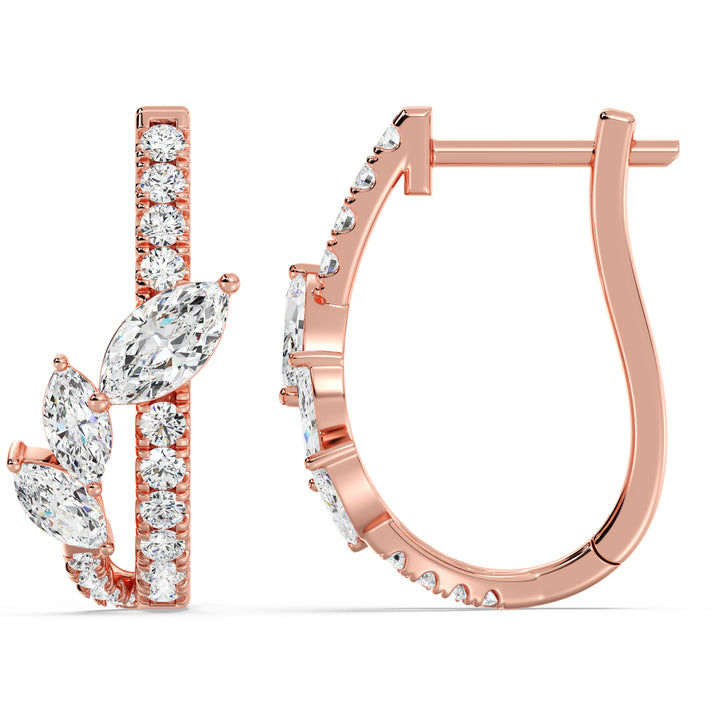 Elegant 18K Rose Gold Twist Hoop Earrings featuring a stunning blend of marquise and round lab-grown diamonds, exuding warmth and timeless charm