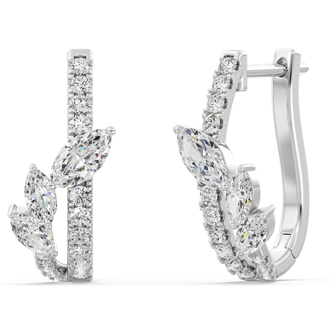 Elegant 18K White Gold Twist Hoop Earrings embellished with marquise and round lab-grown diamonds, offering a dazzling and modern look