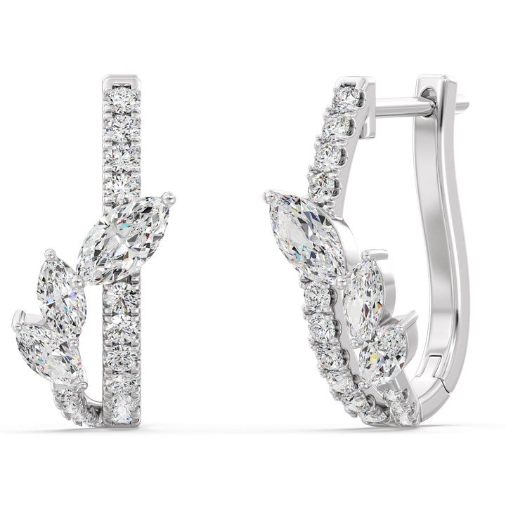 Elegant 18K White Gold Twist Hoop Earrings embellished with marquise and round lab-grown diamonds, offering a dazzling and modern look