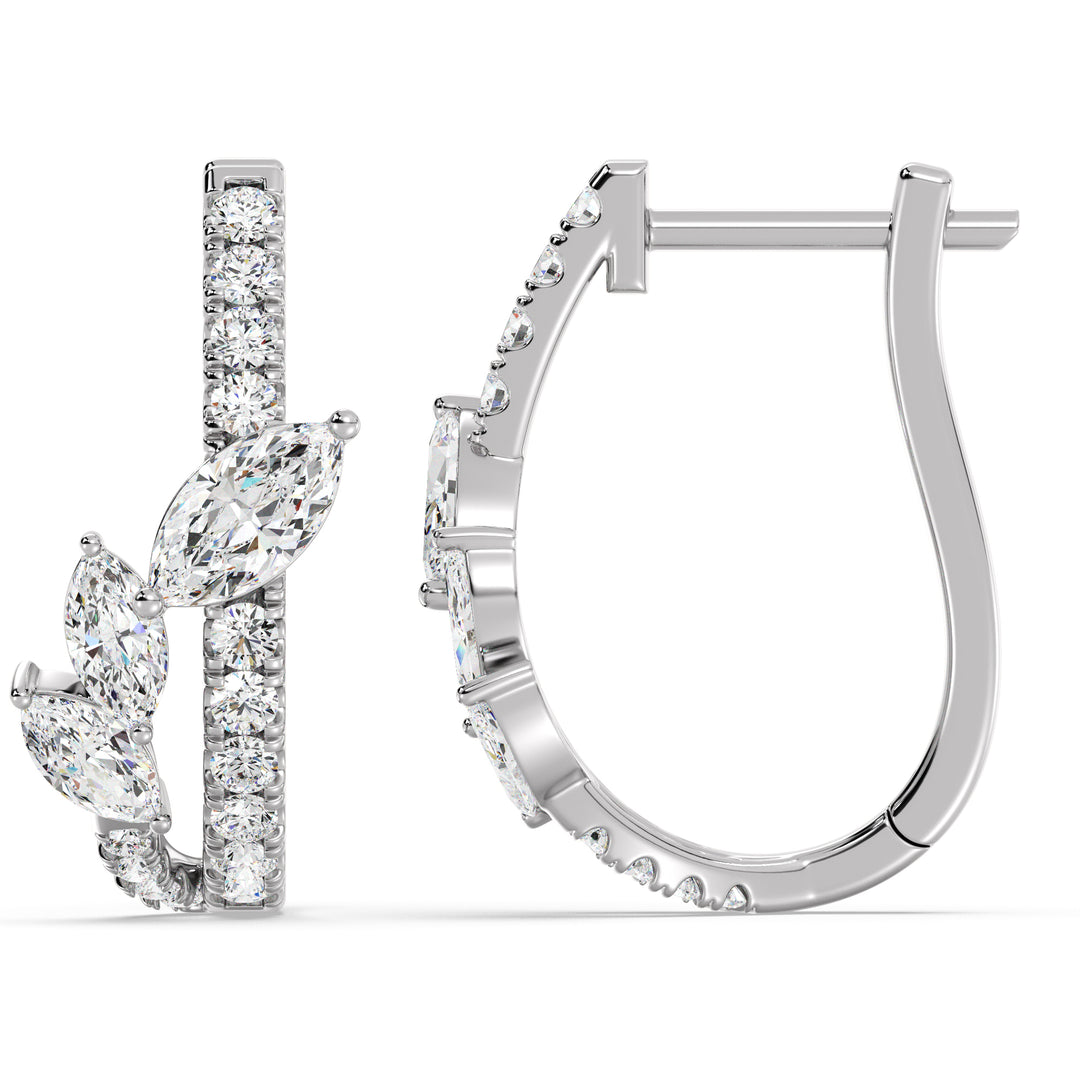 Elegant 18K White Gold Twist Hoop Earrings embellished with marquise and round lab-grown diamonds, offering a dazzling and modern look