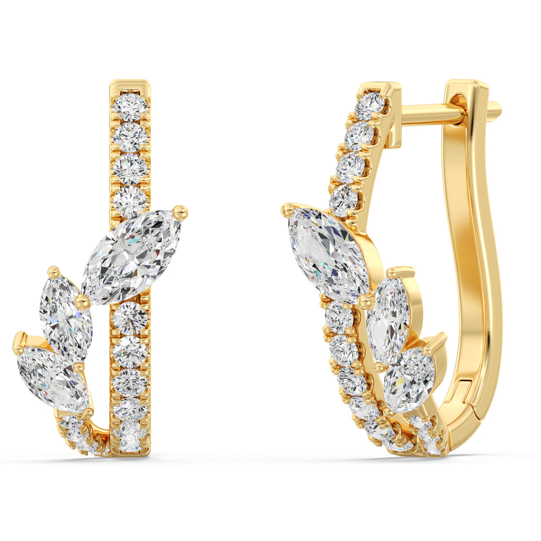 Elegant 18K Yellow Gold Twist Hoop Earrings adorned with marquise and round lab-grown diamonds, showcasing a radiant sparkle and sophisticated twist design