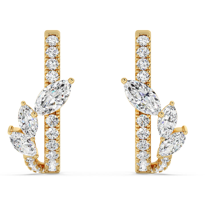 Elegant 18K Yellow Gold Twist Hoop Earrings adorned with marquise and round lab-grown diamonds, showcasing a radiant sparkle and sophisticated twist design