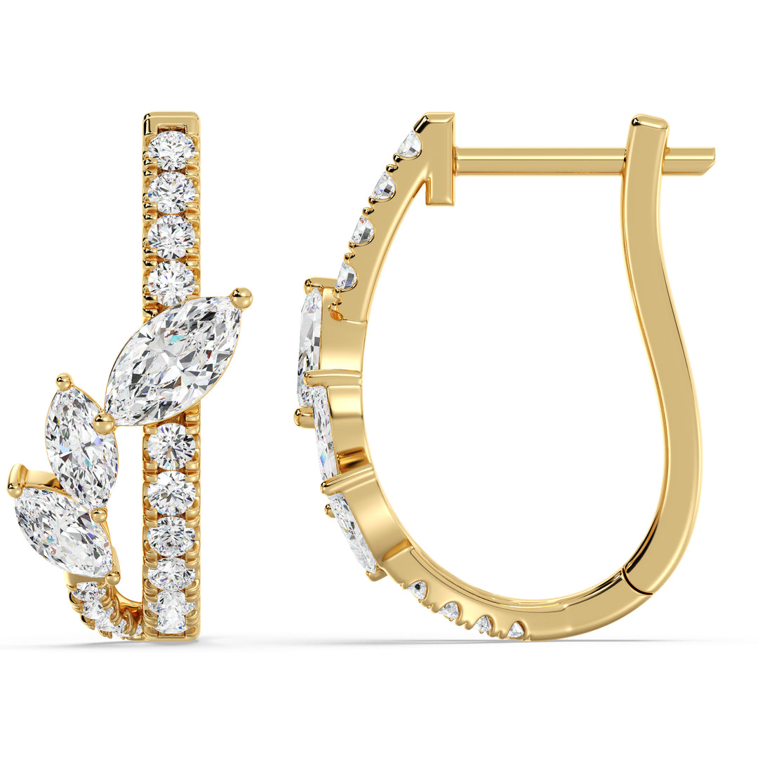 Elegant 18K Yellow Gold Twist Hoop Earrings adorned with marquise and round lab-grown diamonds, showcasing a radiant sparkle and sophisticated twist design