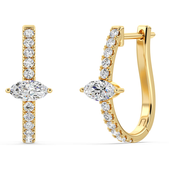 18K Yellow Gold Triple Hoop Huggie Earrings adorned with lab-grown pear and round-cut diamonds, featuring a radiant and intricate design