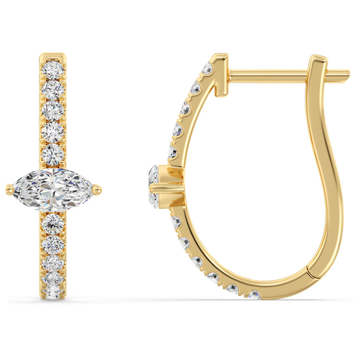 18K Yellow Gold Triple Hoop Huggie Earrings adorned with lab-grown pear and round-cut diamonds, featuring a radiant and intricate design