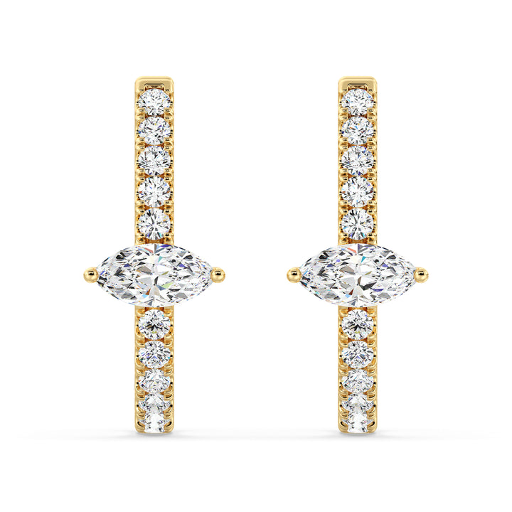18K Yellow Gold Triple Hoop Huggie Earrings adorned with lab-grown pear and round-cut diamonds, featuring a radiant and intricate design
