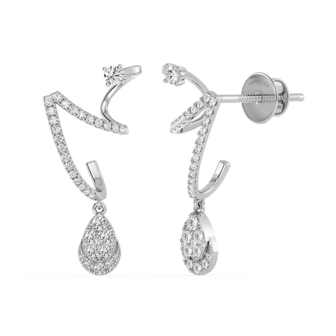Stylish white gold drop earrings with 76 lab-grown round-cut diamonds, expertly set for sparkle and brilliance, crafted in 18K gold for a classic and versatile look