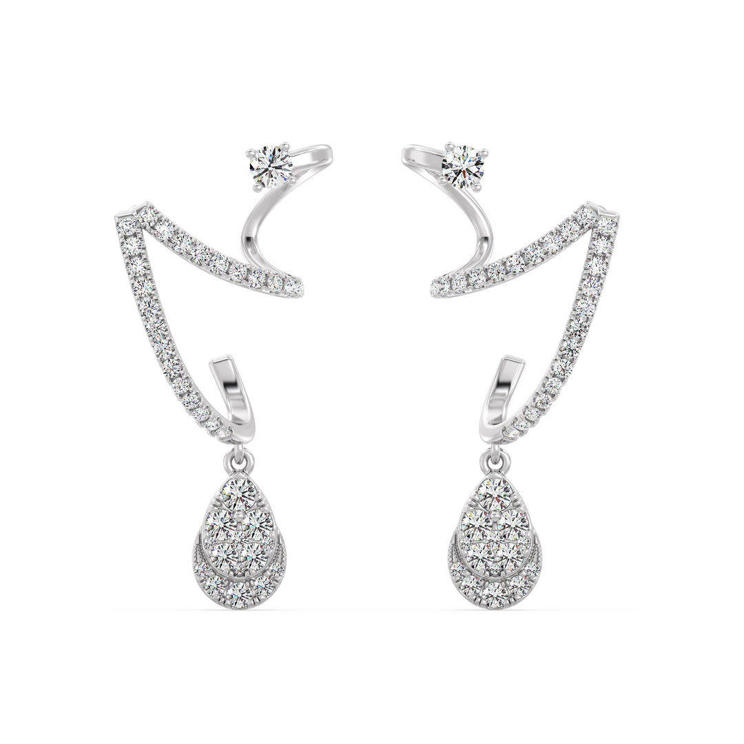 Stylish white gold drop earrings with 76 lab-grown round-cut diamonds, expertly set for sparkle and brilliance, crafted in 18K gold for a classic and versatile look