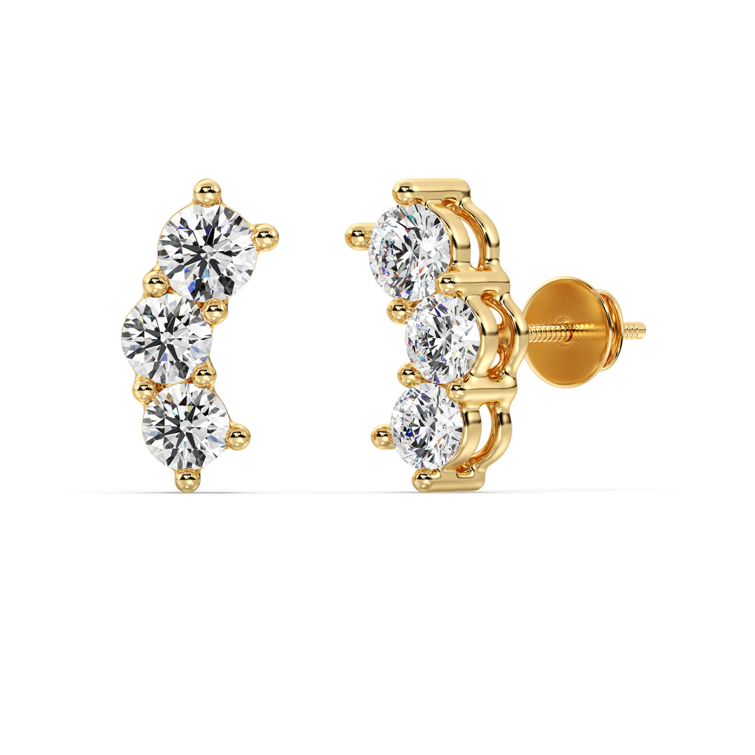 Elegant 18K Yellow Gold Curved Three-Stone Stud Earrings with 0.76 Ct EF/VS round lab-grown diamonds, showcasing a timeless and sophisticated design
