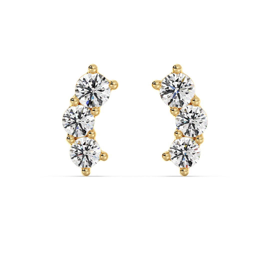 Elegant 18K Yellow Gold Curved Three-Stone Stud Earrings with 0.76 Ct EF/VS round lab-grown diamonds, showcasing a timeless and sophisticated design