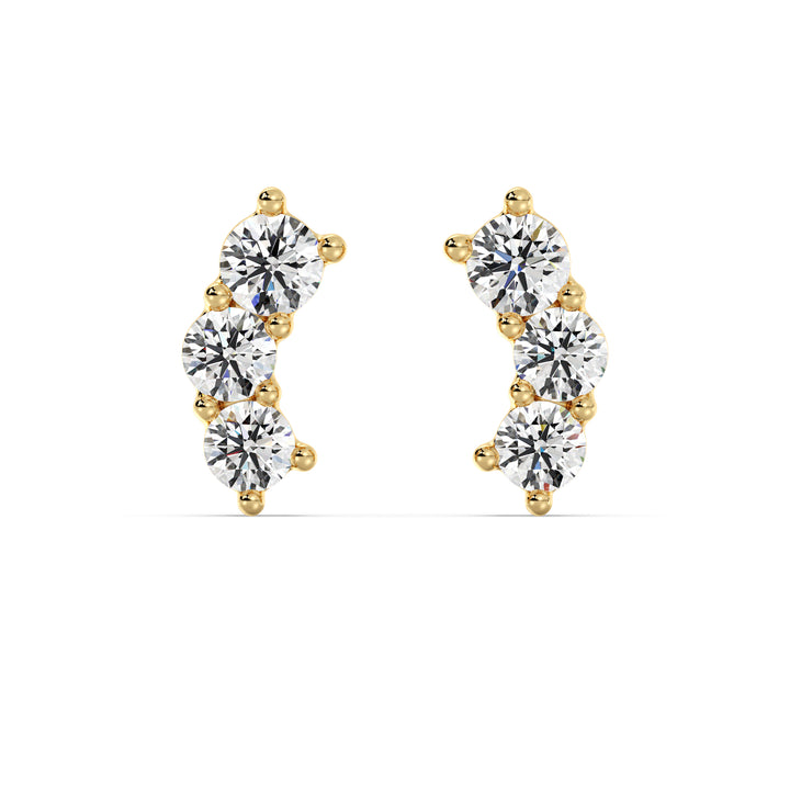 Elegant 18K Yellow Gold Curved Three-Stone Stud Earrings with 0.76 Ct EF/VS round lab-grown diamonds, showcasing a timeless and sophisticated design