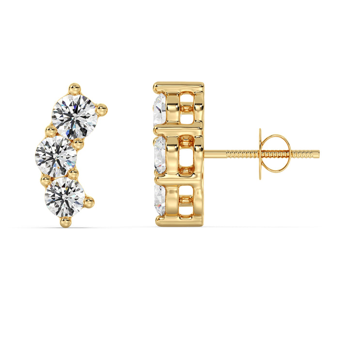 Elegant 18K Yellow Gold Curved Three-Stone Stud Earrings with 0.76 Ct EF/VS round lab-grown diamonds, showcasing a timeless and sophisticated design