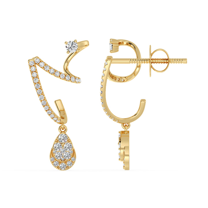 Elegant yellow gold drop earrings featuring 76 lab-grown round-cut diamonds, precisely set for maximum brilliance, crafted in 18K gold with a timeless and sophisticated design