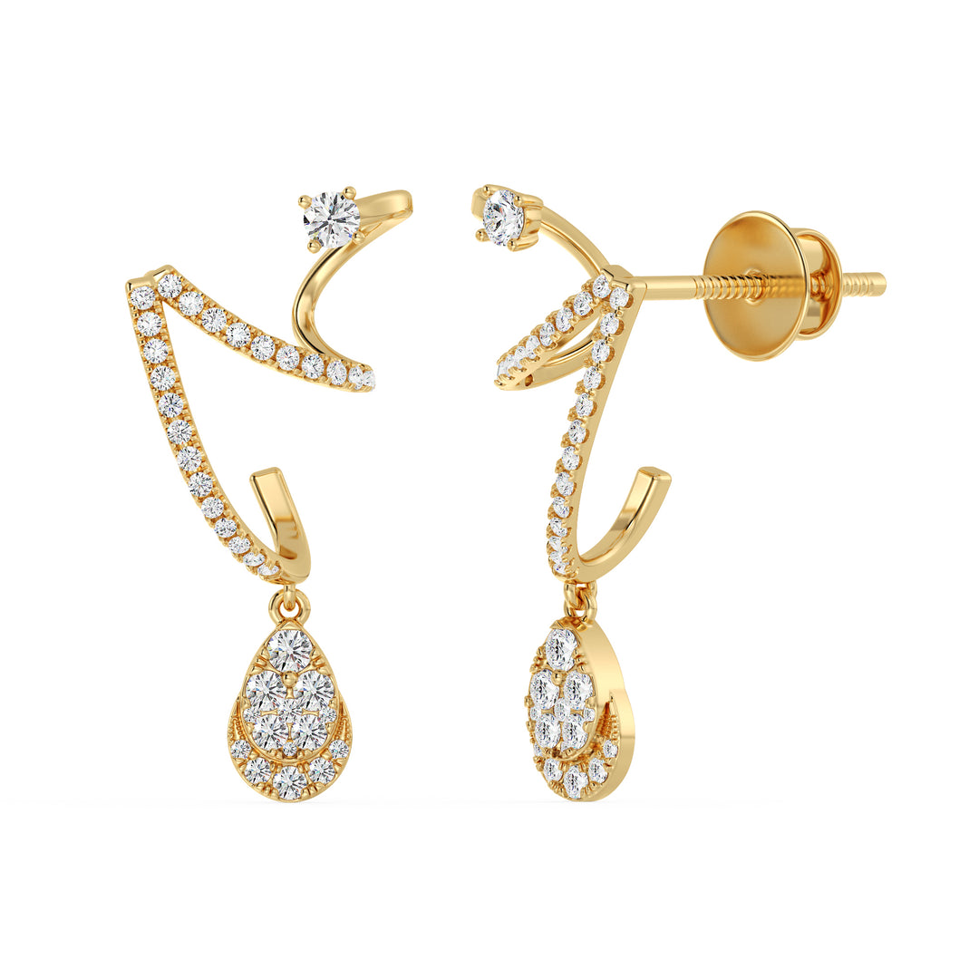 Elegant yellow gold drop earrings featuring 76 lab-grown round-cut diamonds, precisely set for maximum brilliance, crafted in 18K gold with a timeless and sophisticated design