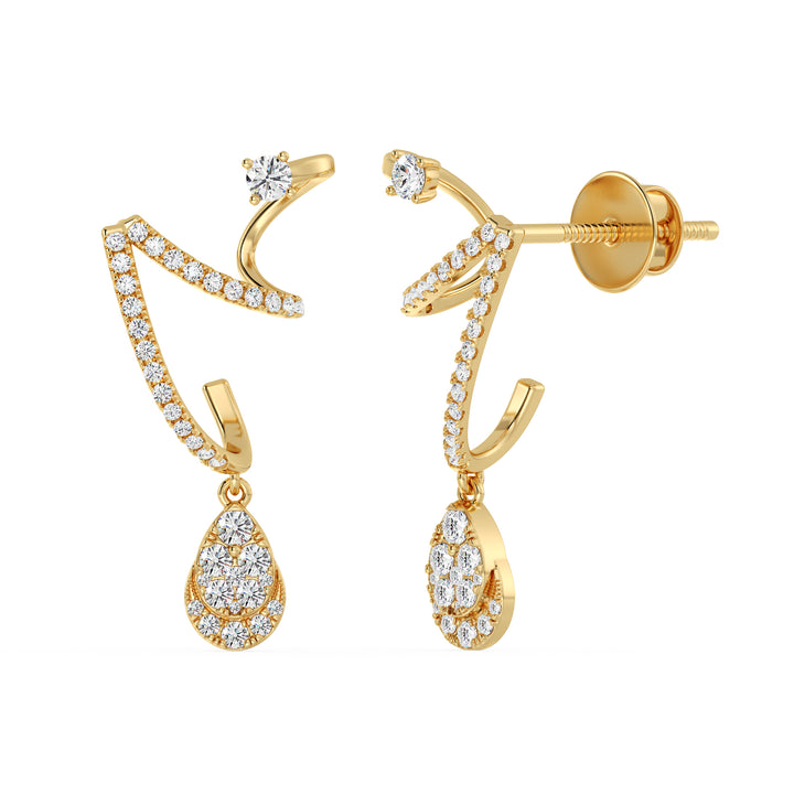 Elegant yellow gold drop earrings featuring 76 lab-grown round-cut diamonds, precisely set for maximum brilliance, crafted in 18K gold with a timeless and sophisticated design