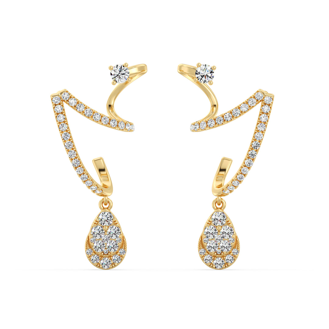 Elegant yellow gold drop earrings featuring 76 lab-grown round-cut diamonds, precisely set for maximum brilliance, crafted in 18K gold with a timeless and sophisticated design