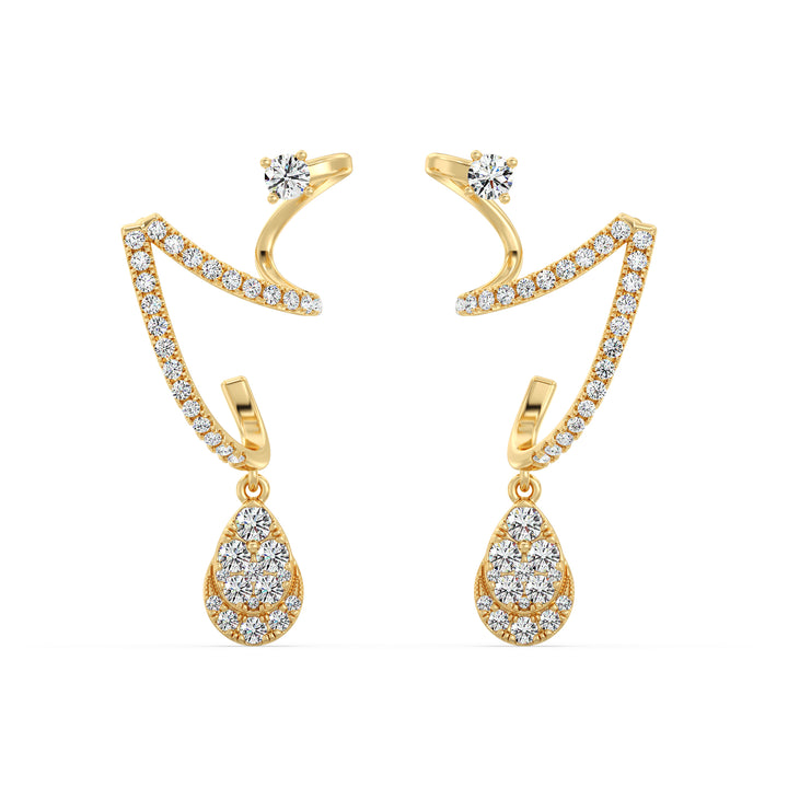 Elegant yellow gold drop earrings featuring 76 lab-grown round-cut diamonds, precisely set for maximum brilliance, crafted in 18K gold with a timeless and sophisticated design