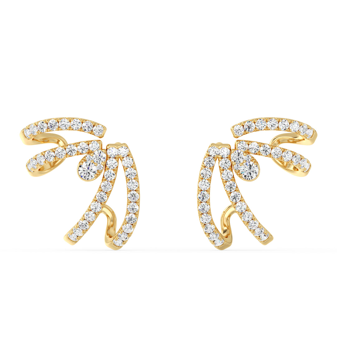 A pair of 18K Yellow Gold Lab-Grown Diamond Hoop Earrings featuring 80 round-cut diamonds with EF color and VS clarity, set in a polished yellow gold hoop design with a secure clasp closure